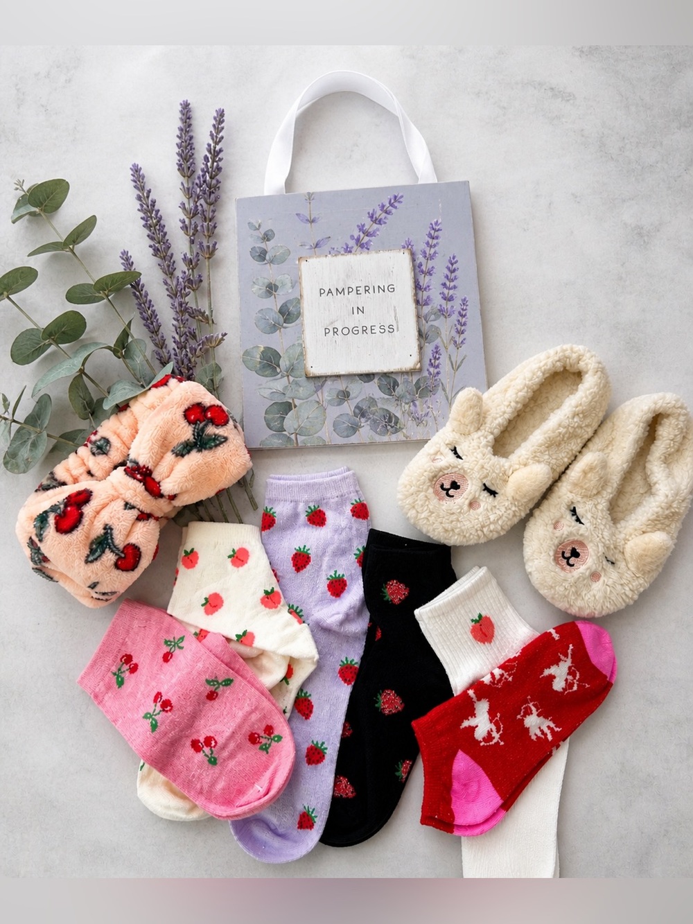 Fruit Socks Plush Spa Headband Strawberries Cherries headband slippers & dr sign